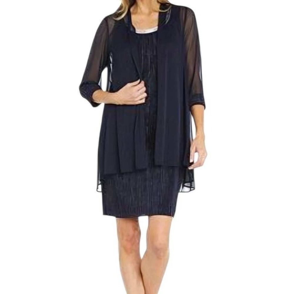 R&M Richards Womens Jacket Dress Set Embellished Shimmer Navy 18‎